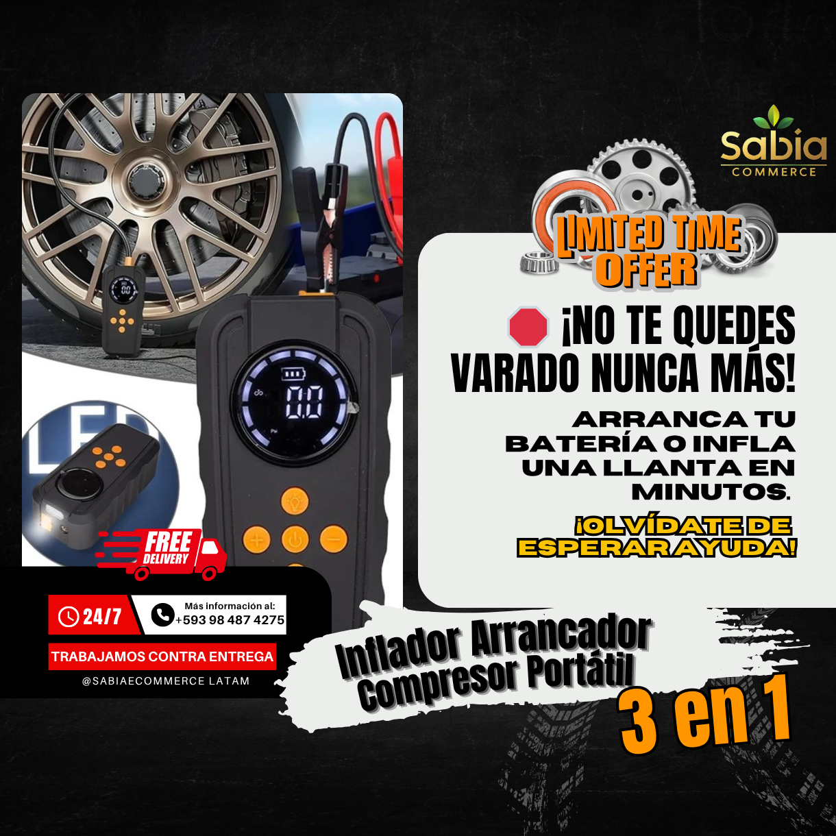 Inflador Arrancador Compresor - Portátil 3 en 1